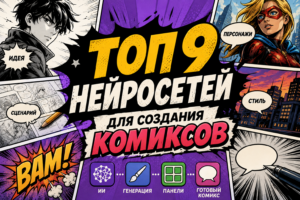 Комикс в стиле поп-арт с текстом про топ 9 нейросетей для создания комиксов и ключевыми элементами: идея, сценарий, персонажи, стиль.