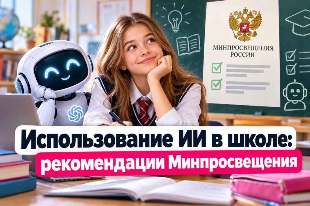 Школьница и улыбающийся робот, сидящие за столом в классе с открытыми учебниками и школьными принадлежностями на фоне плаката Минпросвещения России и текста о рекомендациях по использованию ИИ в школе.