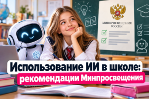 Школьница и улыбающийся робот, сидящие за столом в классе с открытыми учебниками и школьными принадлежностями на фоне плаката Минпросвещения России и текста о рекомендациях по использованию ИИ в школе.