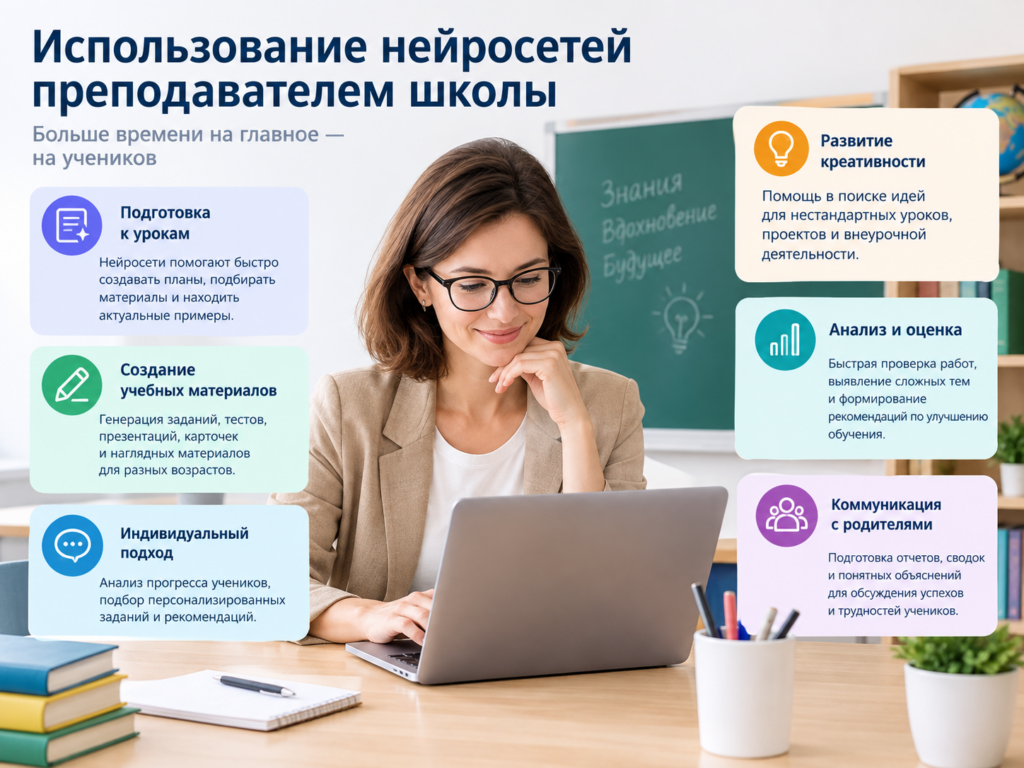 Женщина-преподаватель сидит за столом с ноутбуком в классе, на заднем плане доска с надписями и информационные блоки о применении нейросетей в школе.