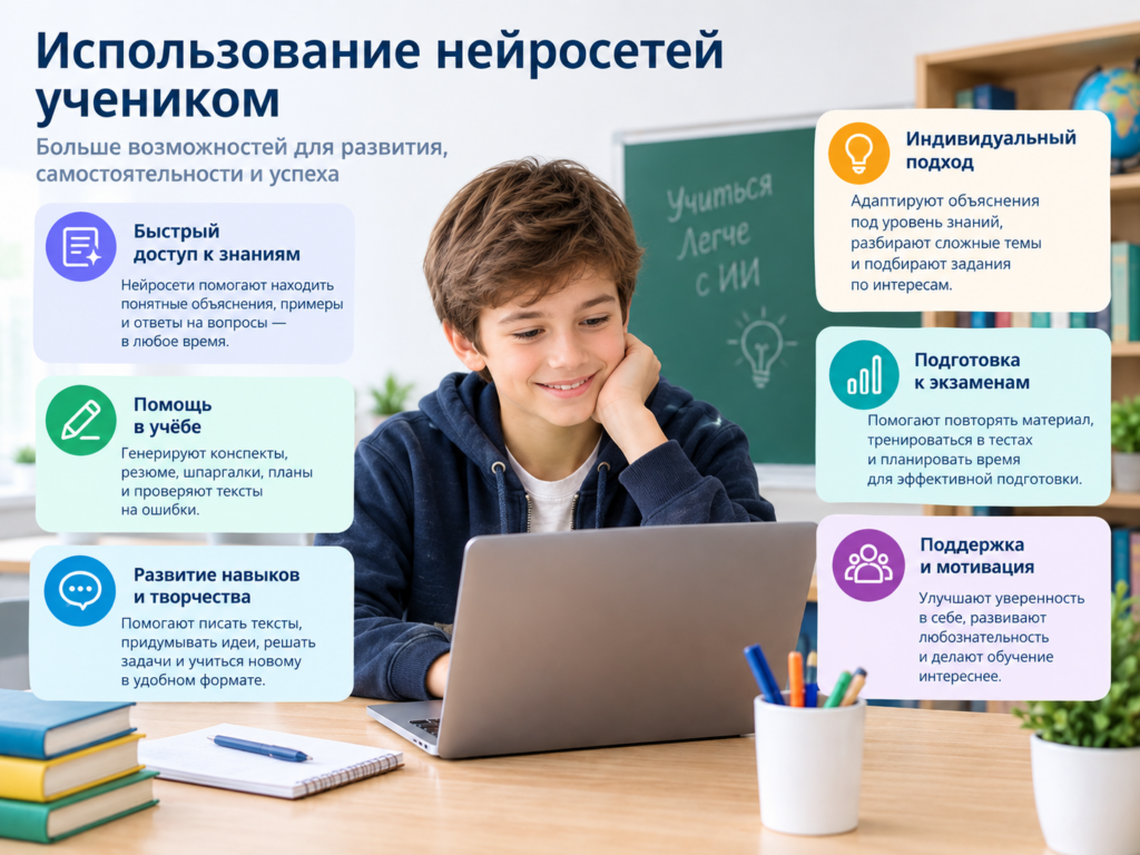 Молодой ученик, использующий ноутбук для обучения с нейросетями в комнате с книгами и доской.