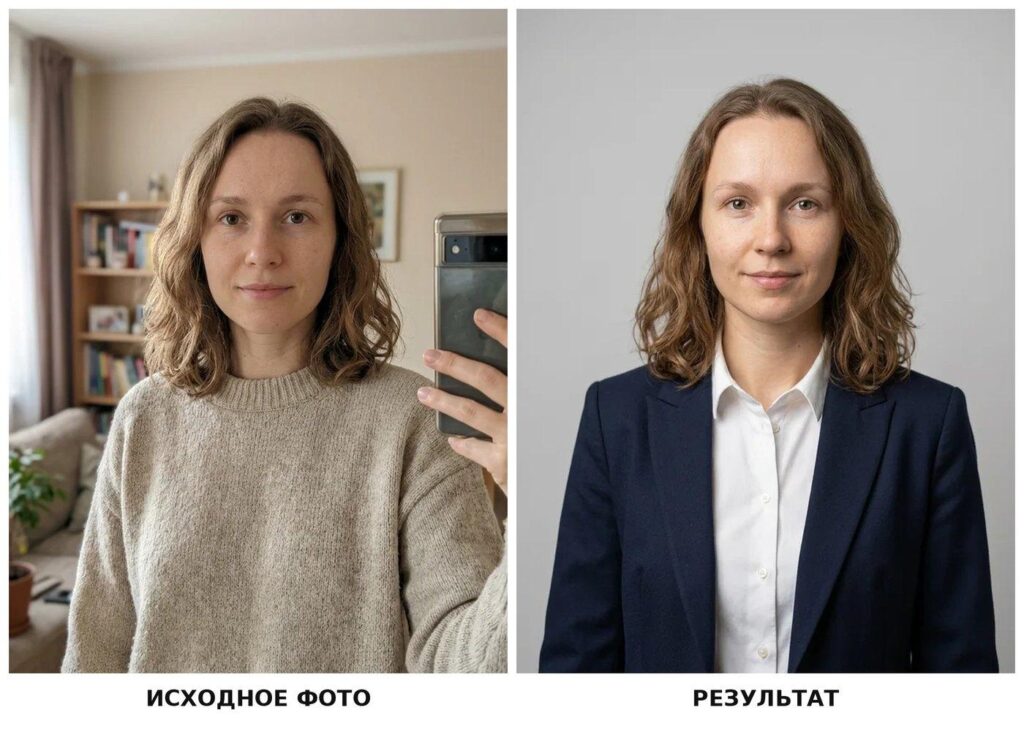 Фото женщины до и после переделки образа: слева в повседневном свитере на фоне домашней обстановки, справа в деловом костюме на нейтральном фоне.