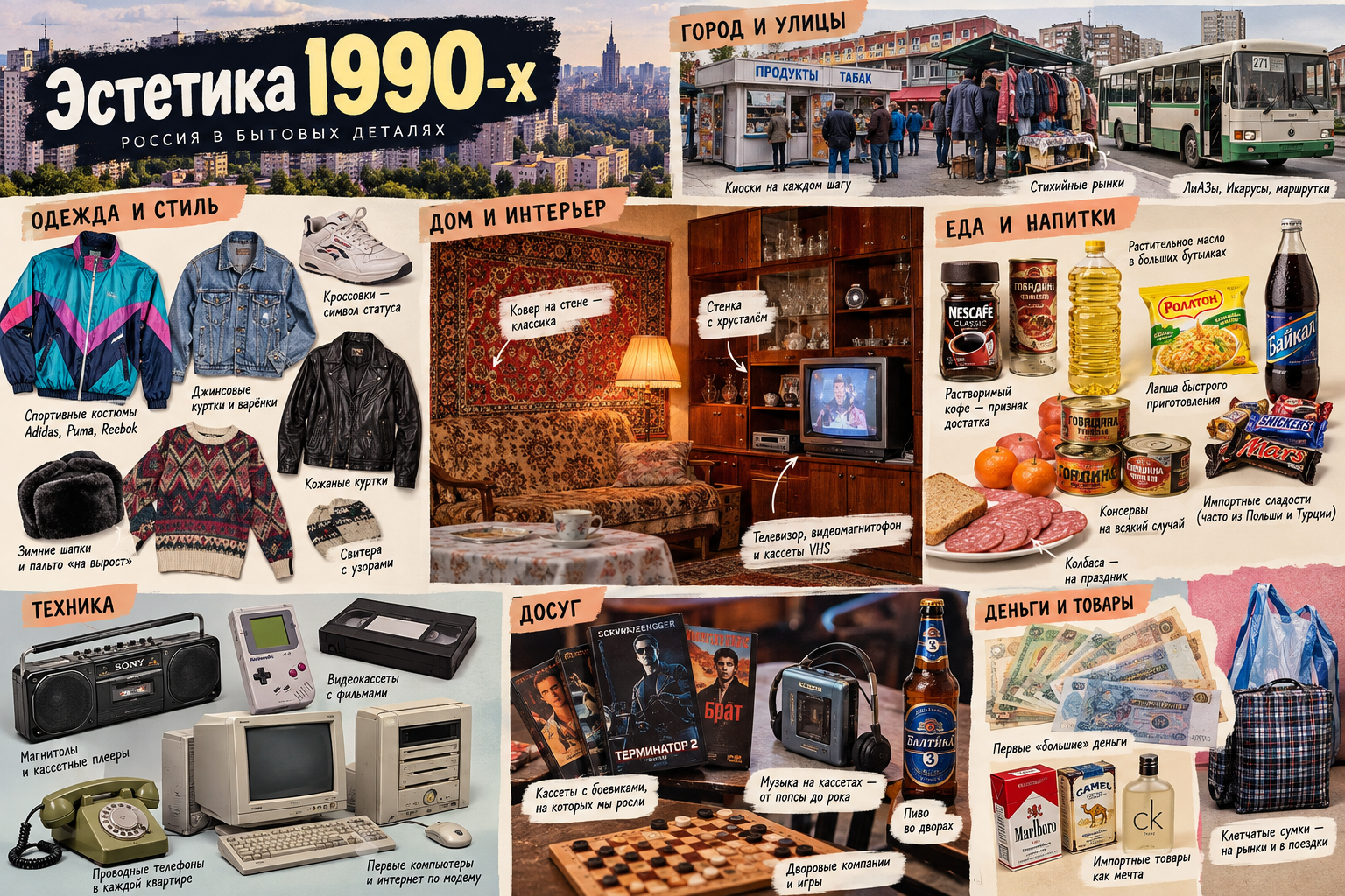 Коллаж характерных деталей эстетики 1990-х