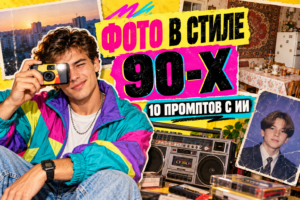 Фото в стиле 90-х с ИИ: плёночные снимки, магнитофон и ретро-портрет