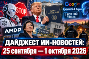 Коллаж с элементами искусственного интеллекта, политическими фигурами, логотипами компаний и надписью "Дайджест ИИ-новостей: 25 сентября – 1 октября 2026".