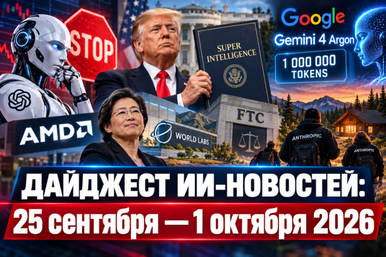 Коллаж с элементами искусственного интеллекта, политическими фигурами, логотипами компаний и надписью "Дайджест ИИ-новостей: 25 сентября – 1 октября 2026".