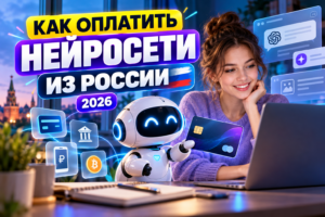 Как оплатить нейросети из России в 2026 году — девушка за ноутбуком и робот с виртуальной картой