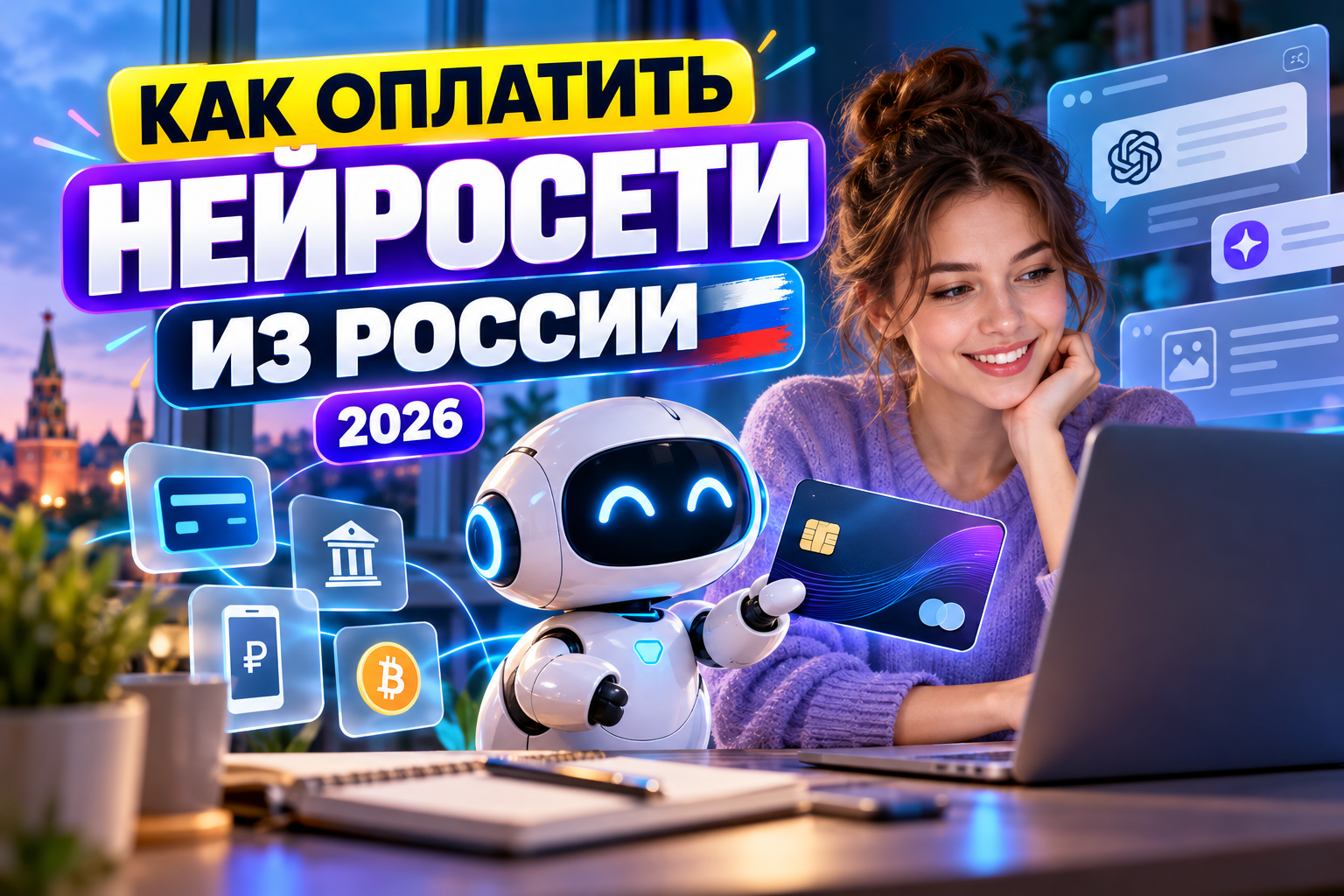Как оплатить нейросети из России в 2026 году — девушка за ноутбуком и робот с виртуальной картой