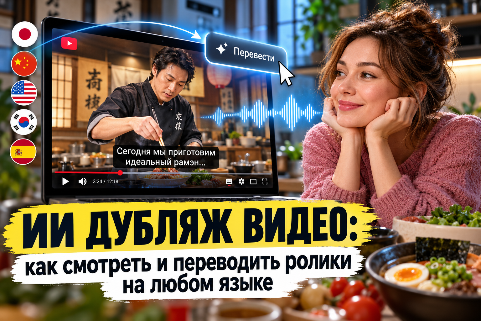 Женщина улыбается и смотрит на экран ноутбука с видео приготовления рамэна с функцией перевода и дублирования видео на разные языки.
