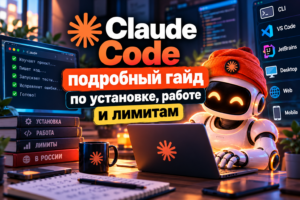 Робот за ноутбуком с логотипом Claude Code на экране и надписью на русском языке о гиде по установке, работе и лимитам.