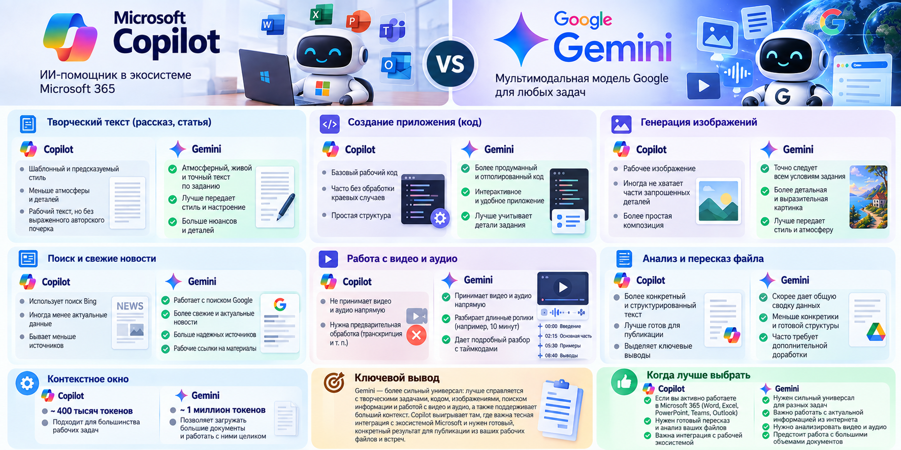 Сравнительная инфографика между Microsoft Copilot и Google Gemini, показывающая плюсы и минусы двух ИИ-помощников по различным задачам.