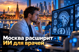 Врач изучает медицинские снимки с ИИ-помощником на фоне Москвы
