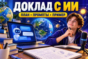 Школьник готовит доклад с ИИ, планом и учебными материалами