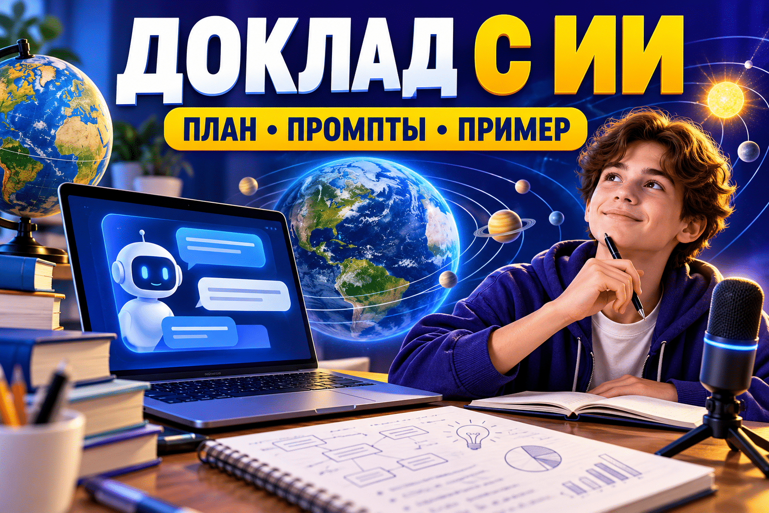 Школьник готовит доклад с ИИ, планом и учебными материалами
