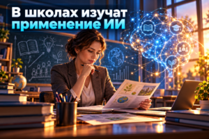 В школах изучат применение ИИ — учительница за рабочим столом рядом с изображением нейросети