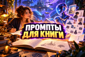 Обложка статьи «Промпты для написания книги»: книги, рукопись и инструменты ИИ