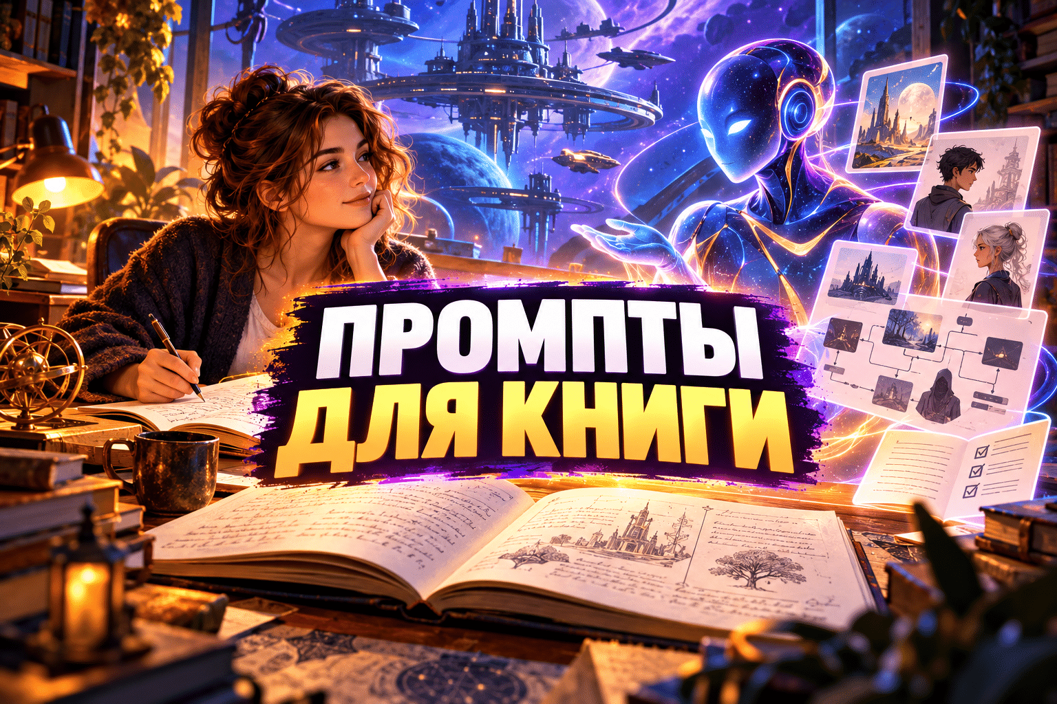 Обложка статьи «Промпты для написания книги»: книги, рукопись и инструменты ИИ