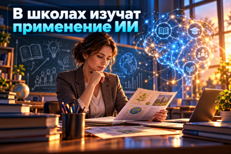 В школах изучат применение ИИ — учительница за рабочим столом рядом с изображением нейросети
