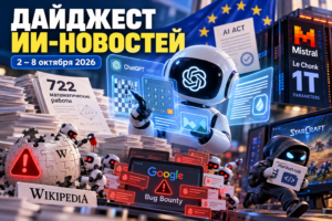 Роботы и искусственный интеллект на фоне новостей ИИ с 2 по 8 октября 2026 года, включая ChatGPT, Wikipedia, Google Bug Bounty и StarCraft.