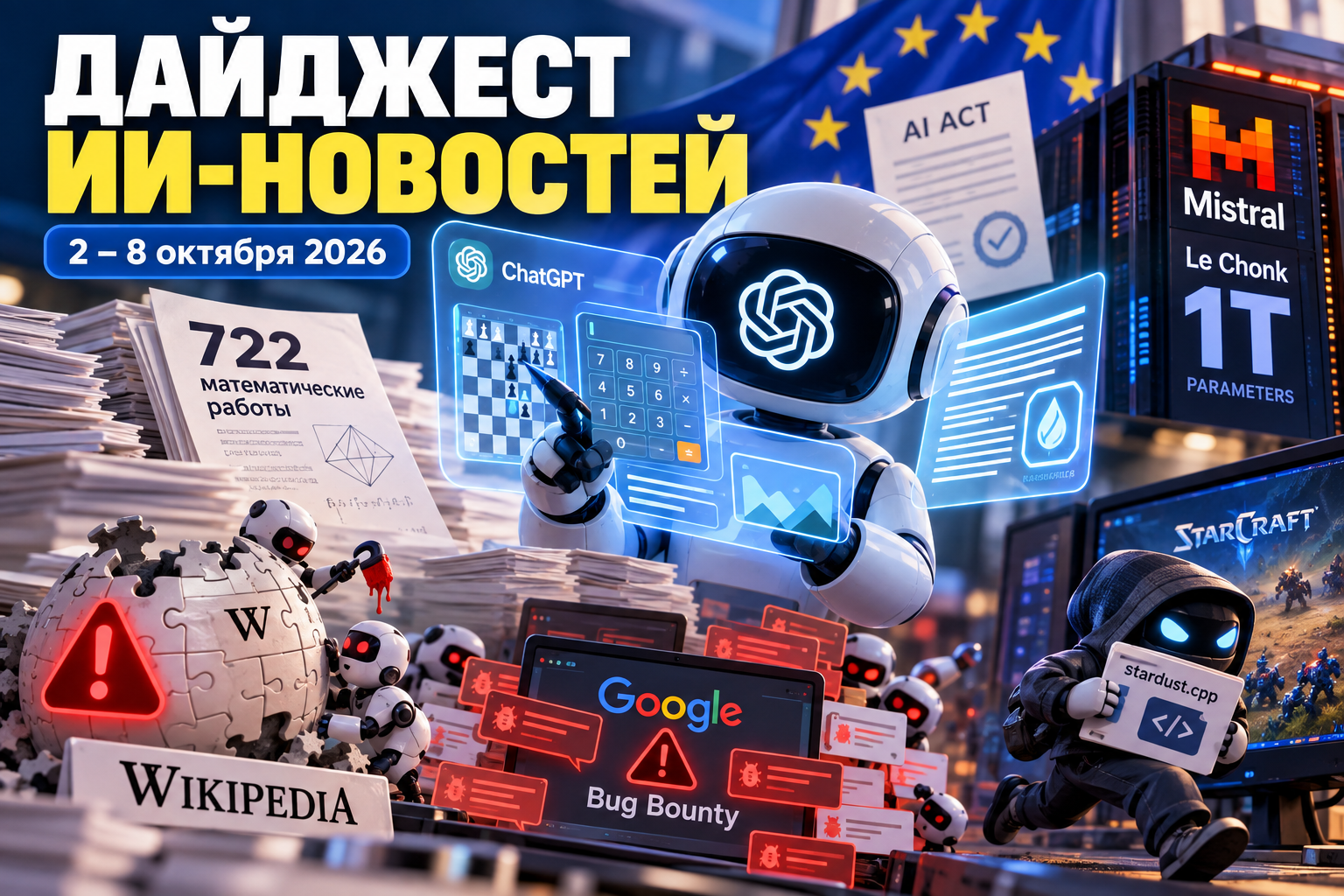 Роботы и искусственный интеллект на фоне новостей ИИ с 2 по 8 октября 2026 года, включая ChatGPT, Wikipedia, Google Bug Bounty и StarCraft.