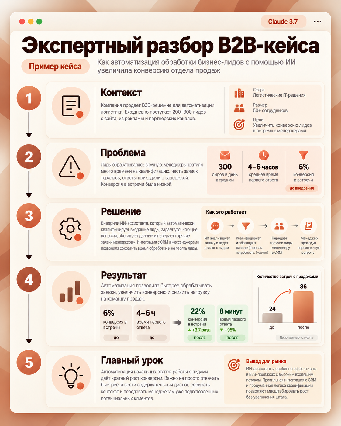 Инфографика с экспертным разбором B2B-кейса об автоматизации обработки бизнес-лидов с помощью искусственного интеллекта, содержащая этапы: контекст, проблема, решение, результат и главный урок.