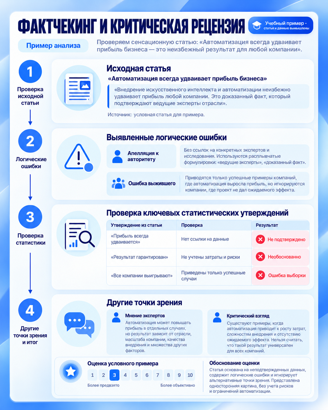Инфографика на русском языке, объясняющая процесс фактчекинга и критической рецензии статьи об автоматизации и удвоении прибыли бизнеса.