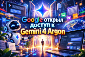 Яркая иллюстрация с персонажем робота, ноутбуком и человеком на фоне футуристического города и больших экранов с интерфейсом. Текст: Google открыл доступ к Gemini 4 Argon.