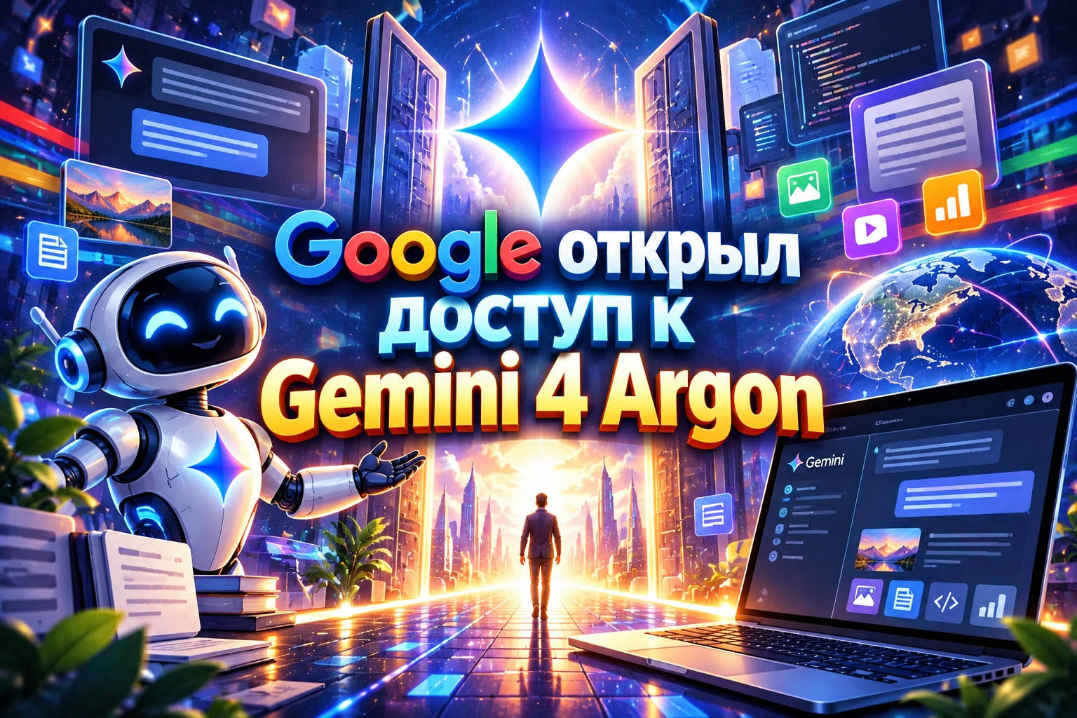 Яркая иллюстрация с персонажем робота, ноутбуком и человеком на фоне футуристического города и больших экранов с интерфейсом. Текст: Google открыл доступ к Gemini 4 Argon.