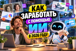 Молодой мужчина, сидящий за ноутбуком, и улыбающийся робот с русскими рублями в руке на фоне текста "Как заработать с помощью ИИ в 2026 году" и различных иконок искусственного интеллекта и технологий.