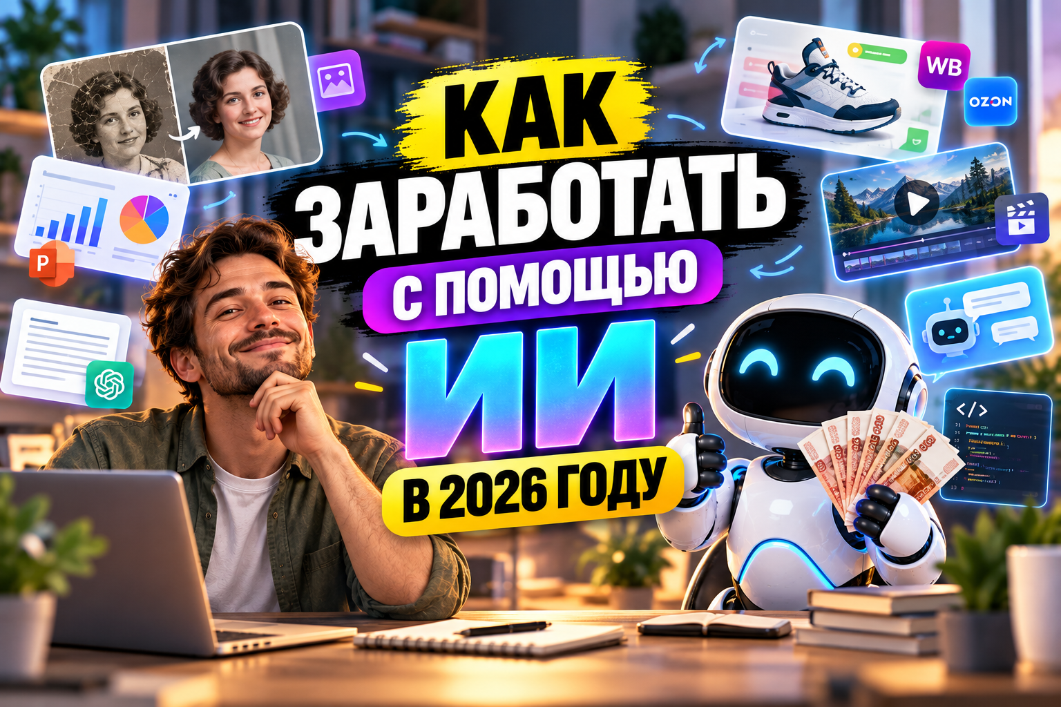 Молодой мужчина, сидящий за ноутбуком, и улыбающийся робот с русскими рублями в руке на фоне текста «Как заработать с помощью ИИ в 2026 году» и различных иконок искусственного интеллекта и технологий.
