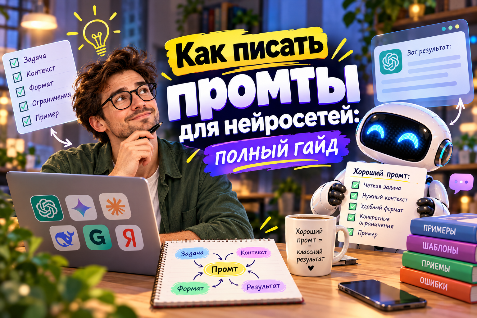 Молодой человек и робот с ноутбуком и тетрадью, изображающие процесс написания промт для нейросетей, с фоновыми элементами и текстом на русском языке.
