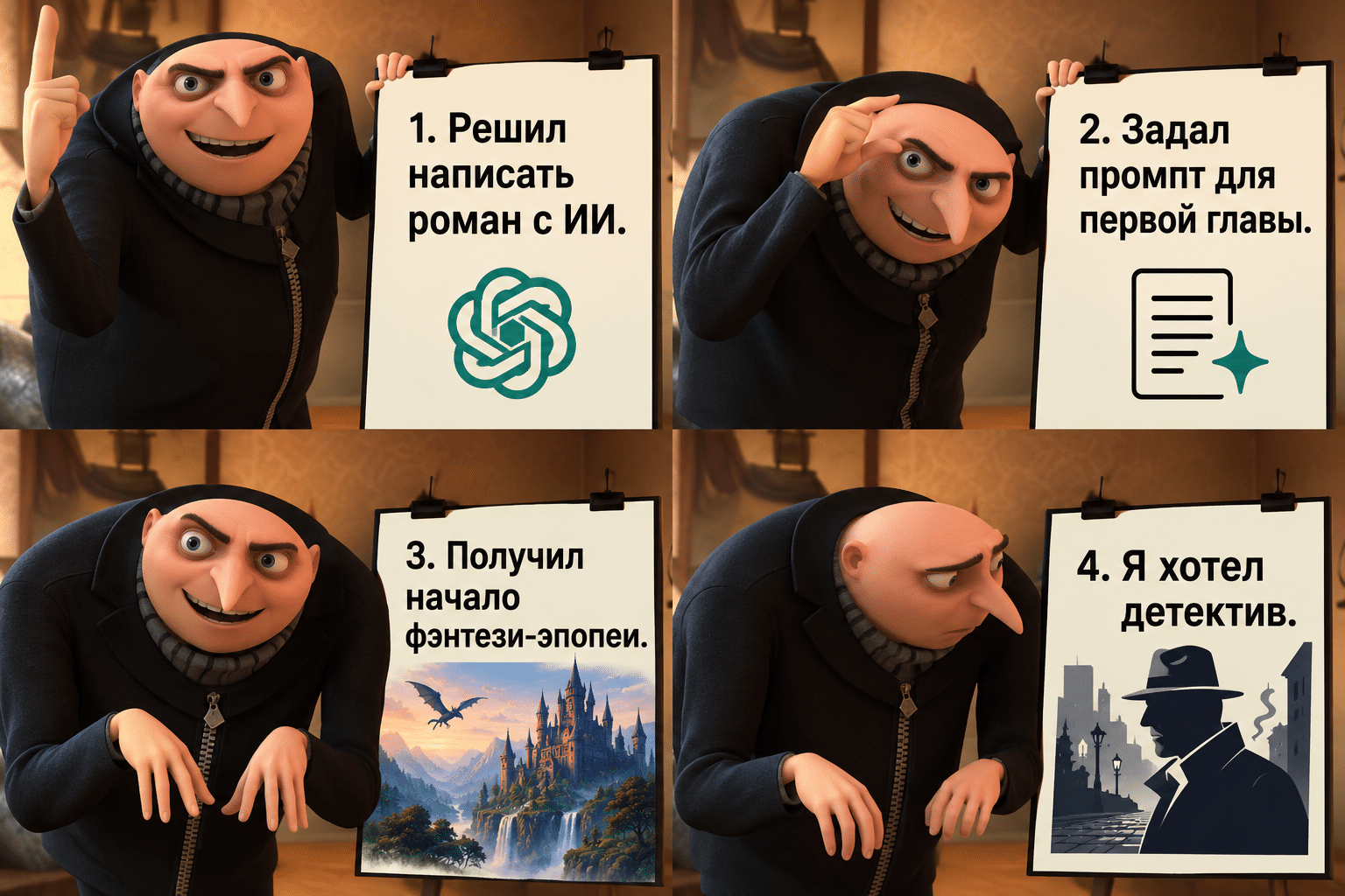 Комикс из четырёх кадров о создании романа с помощью ИИ