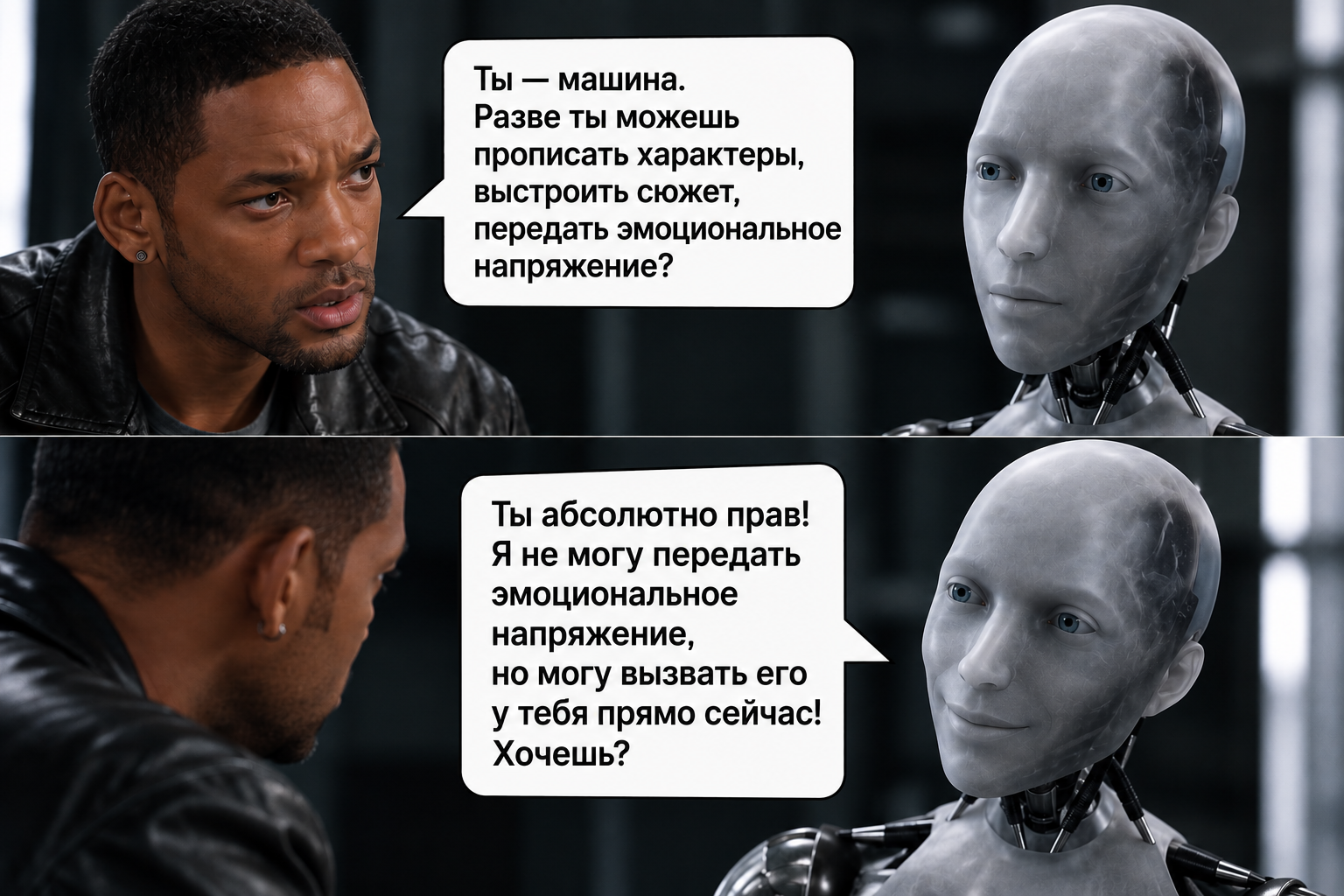 Комикс о том, как автор задаёт нейросети условия сцены