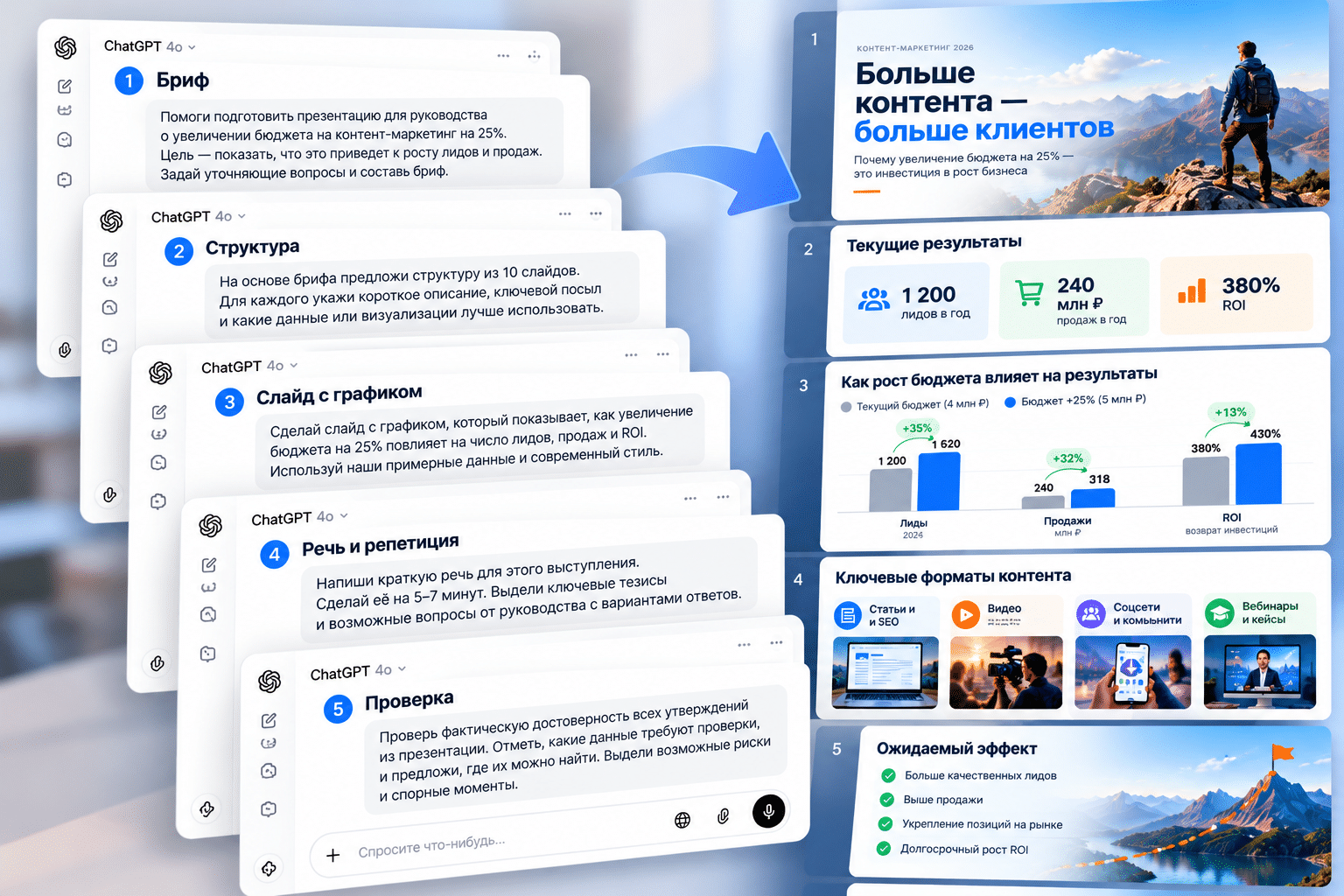 Иллюстрация последовательности запросов от брифа до готовых слайдов