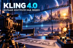 Kling 4.0: камера и киноплёнка с последовательными кадрами космонавта на фантастической планете