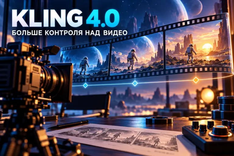 Kling 4.0: камера и киноплёнка с последовательными кадрами космонавта на фантастической планете