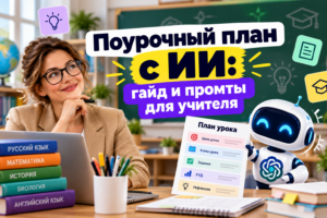 Учительница с очками задумчиво смотрит на робота с логотипом OpenAI, который держит план урока на фоне школьного класса с черной доской и стопкой учебников.