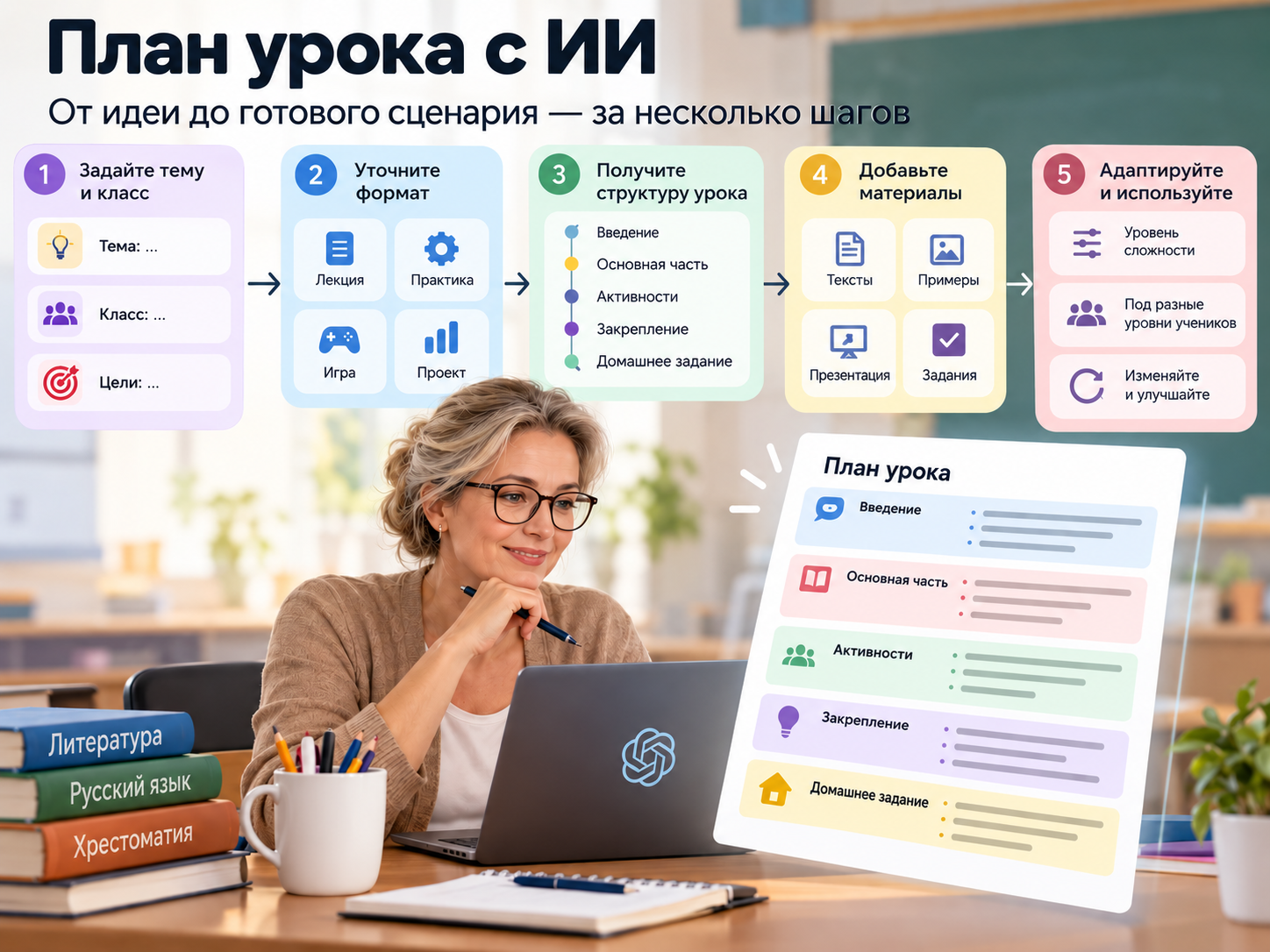 Женщина работает за ноутбуком с логотипом ИИ, рядом учебные материалы и план урока с использованием искусственного интеллекта на русском языке.