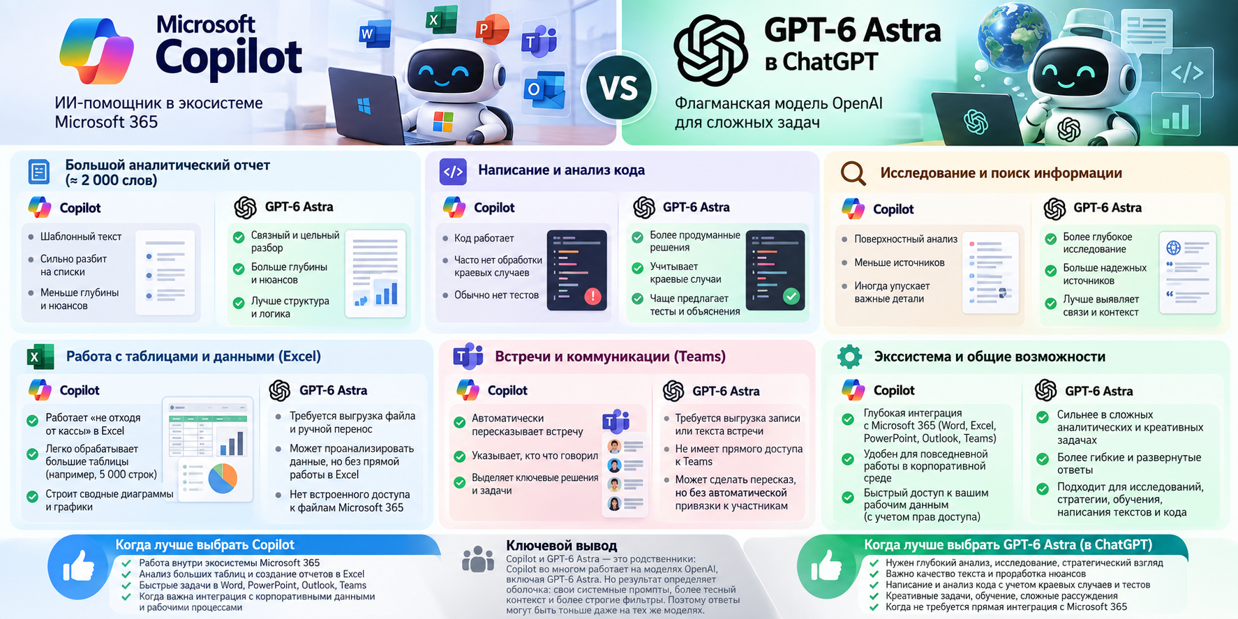 Сравнительная таблица между Microsoft Copilot и GPT-6 Astra в ChatGPT по различным функциям и возможностям.