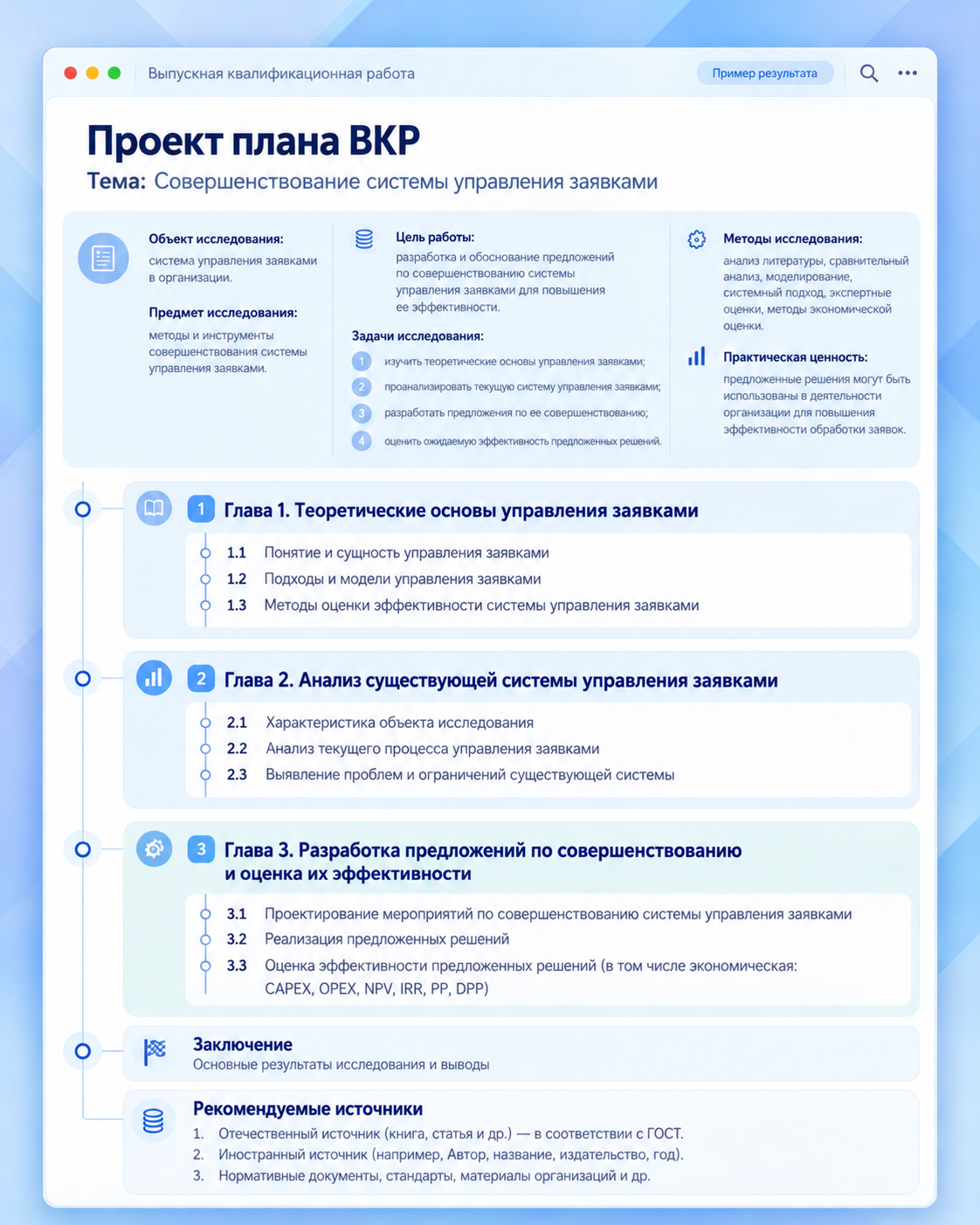 Схема проекта плана выпускной квалификационной работы по теме совершенствования системы управления заявками.