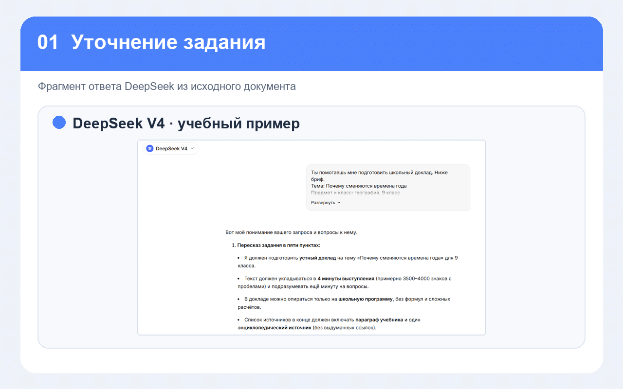 Ответ DeepSeek на запрос об уточнении задания для школьного доклада