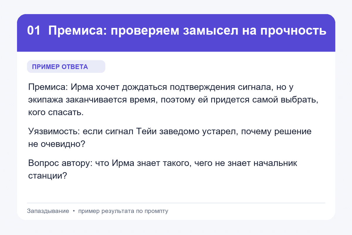 Пример ответа на промпт «Премиса: проверяем замысел на прочность» для книги «Запаздывание»