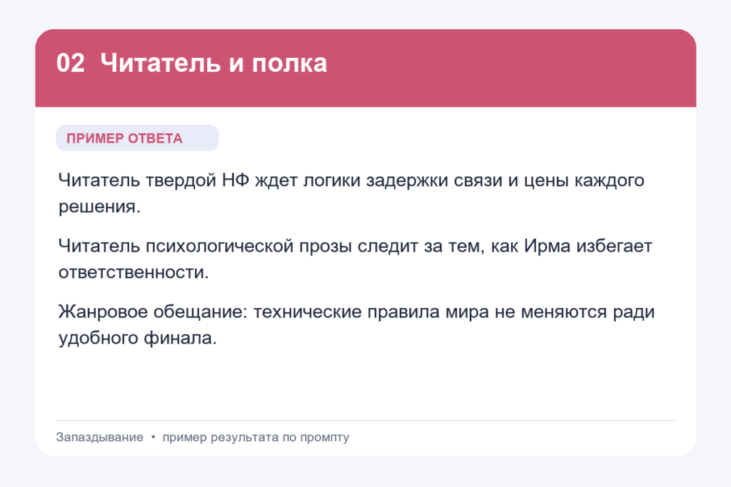 Пример ответа на промпт «Читатель и полка» для книги «Запаздывание»