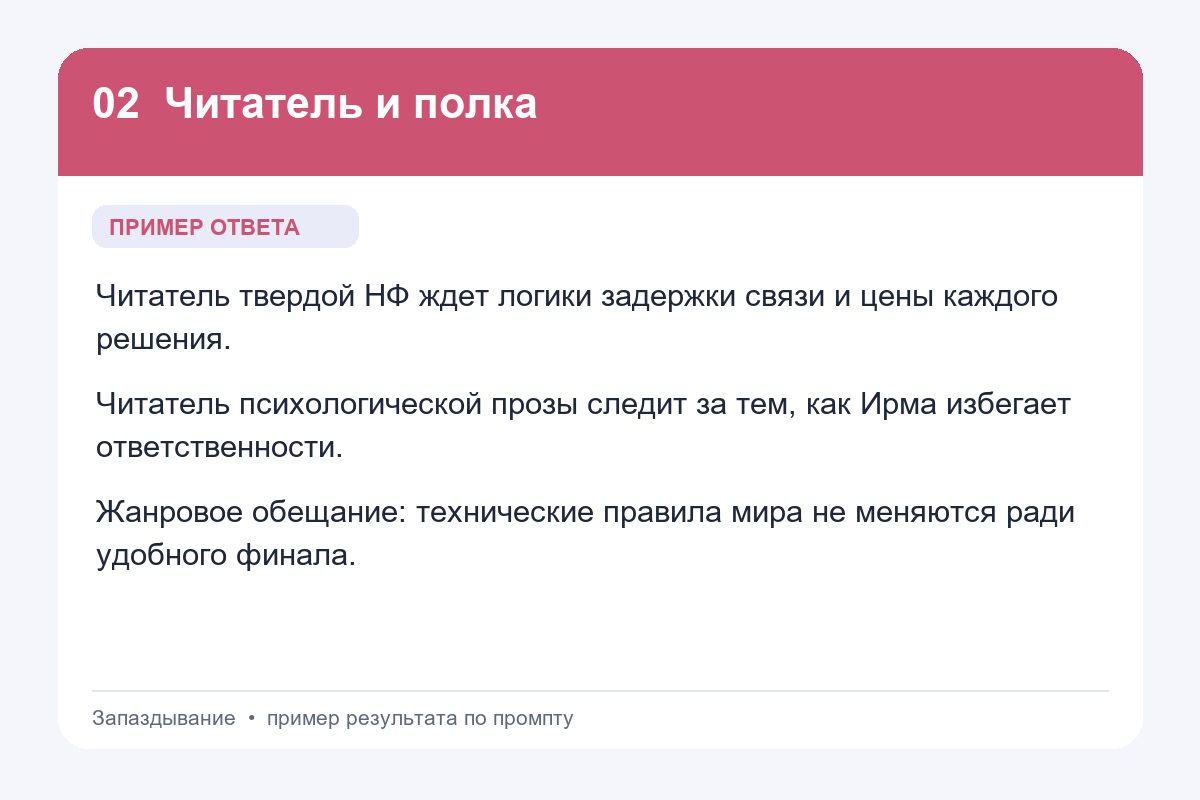 Пример ответа на промпт «Читатель и полка» для книги «Запаздывание»
