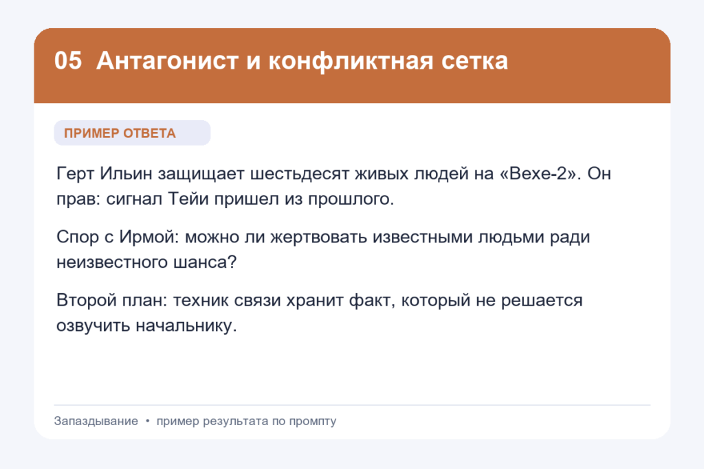 Пример ответа на промпт «Антагонист и конфликтная сетка» для книги «Запаздывание»