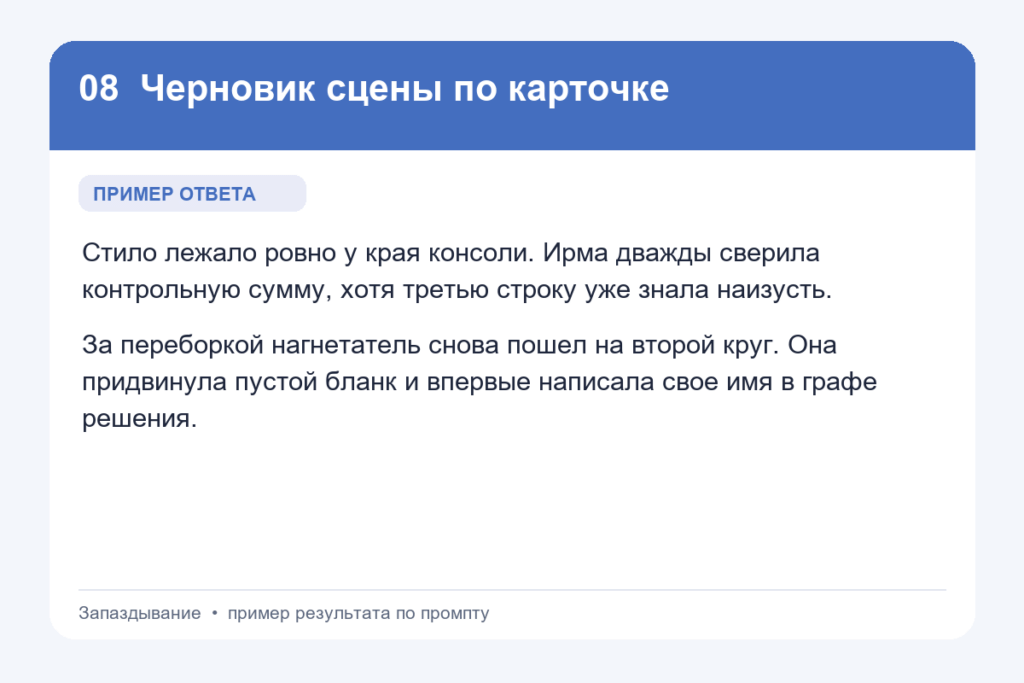 Пример ответа на промпт «Черновик сцены по карточке» для книги «Запаздывание»