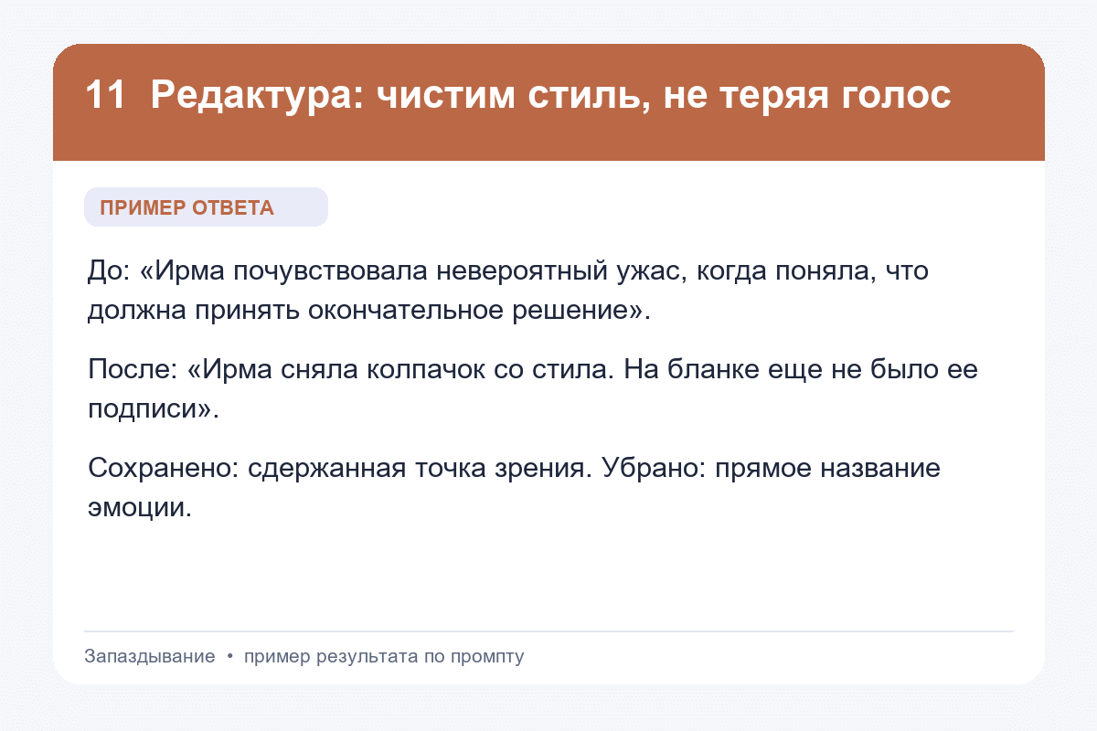 Пример ответа на промпт «Редактура: чистим стиль, не теряя голос» для книги «Запаздывание»