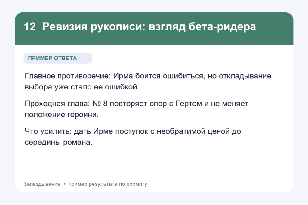 Пример ответа на промпт «Ревизия рукописи: взгляд бета-ридера» для книги «Запаздывание»