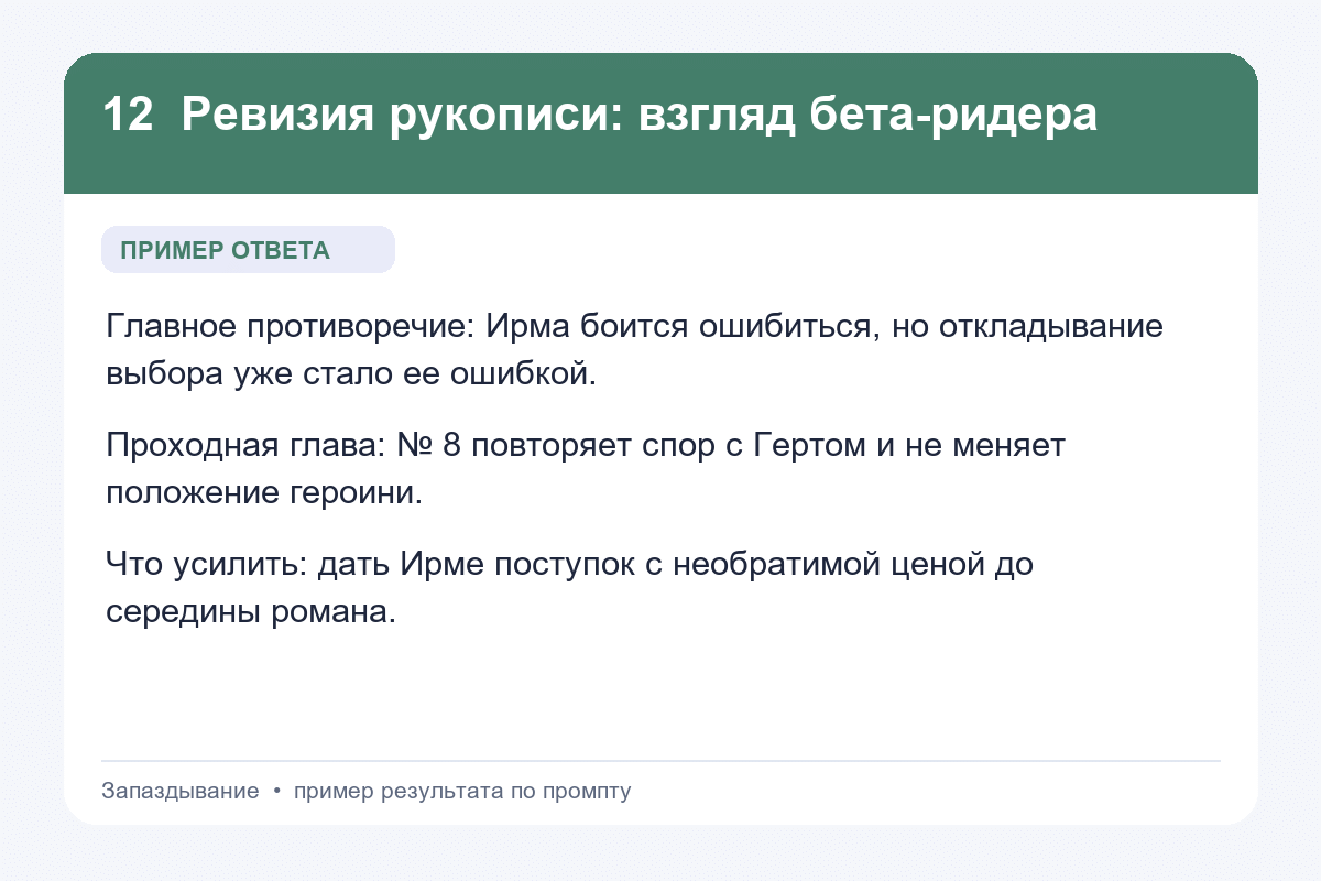 Пример ответа на промпт «Ревизия рукописи: взгляд бета-ридера» для книги «Запаздывание»