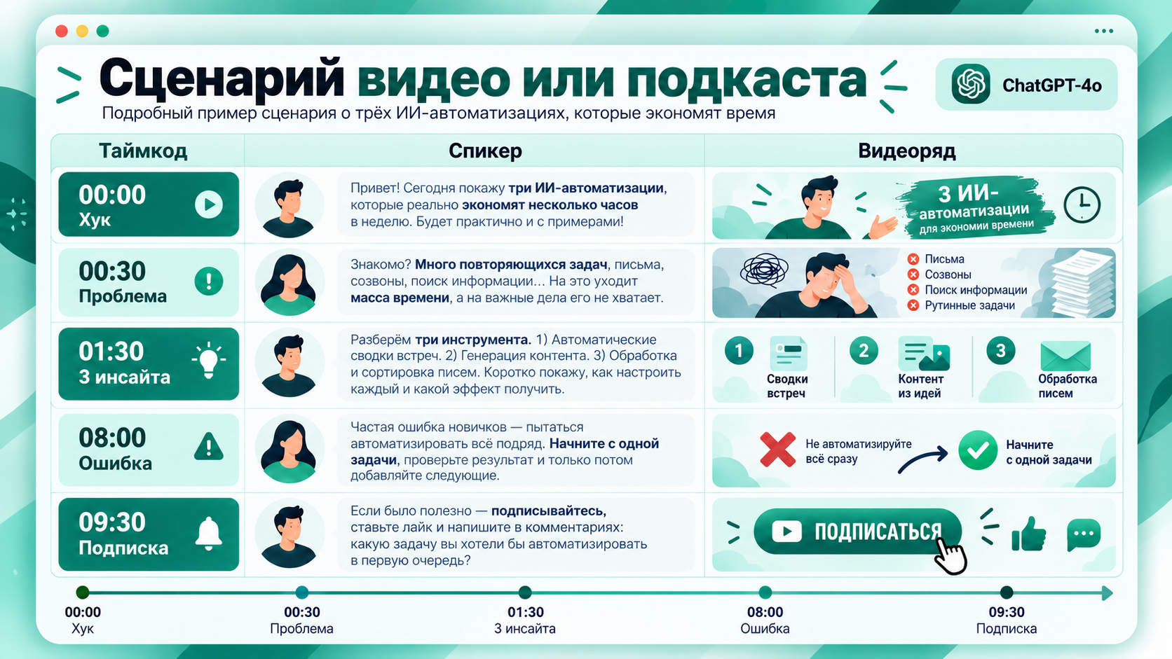 Инфографика с подробным сценарием видео или подкаста о трёх ИИ-автоматизациях для экономии времени с таймкодами, спикерами и видеорядом.